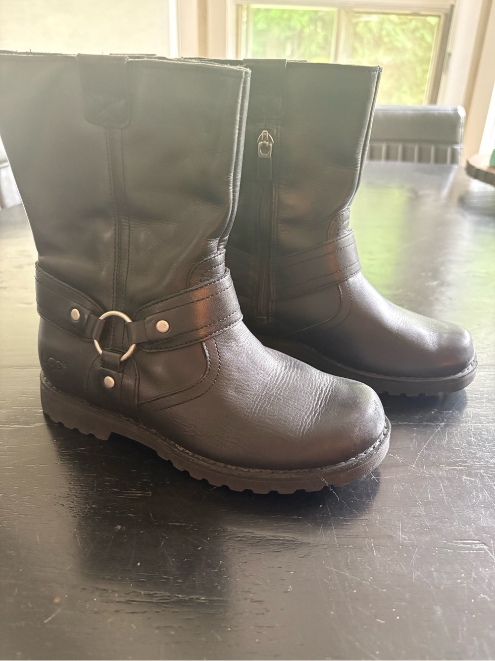 UGG Black Leather Kids Mid-Calf Harness Boots